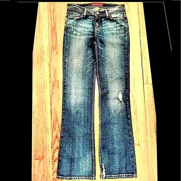 SUPER LOW RISE EXPRESS DENIM JEANS SLIM FIT FLARE LEGS  DISTRESSED  8 LONG  NEW - Picture 4 of 11